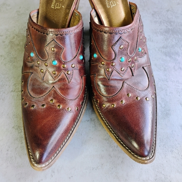 Gaja Italy Leather Mules Womens 39 US 9 Brown Pointed Toe Studs Western Cowgirl - Picture 2 of 12